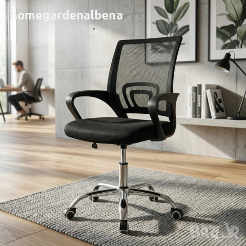 Ергономичен офис стол с мрежеста облегалка, черен, регулируема височина, снимка 5 - Столове - 54153815