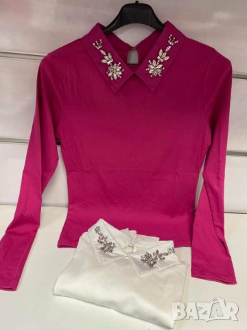 Нов модел ! Блузка трико с яка ,декорирана с нежни камъчета , снимка 3 - Блузи с дълъг ръкав и пуловери - 42326455