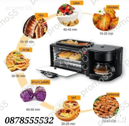 ПРОМО! Мини Фурна с Таймер 2800W 3В1 Грил плоча, Кафемашина, снимка 3 - Печки, фурни - 51417238