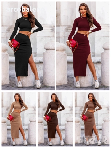 Дамски комплект от две части от оребрен топ и пола с цепка Edvige, 5цвята 