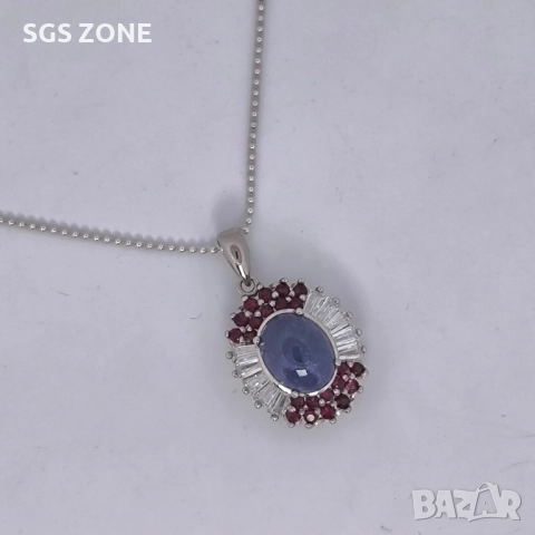 СРЕБЪРНА ВИСУЛКА С НАТУРАЛЕН ТАНЗАНИТ И РУБИНИ ОТ ТАЙЛАНД, снимка 4 - Колиета, медальони, синджири - 52315780