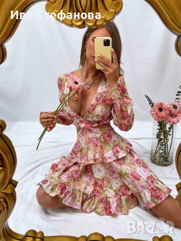 Нова разкошна елегантна рокля флорален принт цветя рязана в талията , снимка 2 - Рокли - 49380226