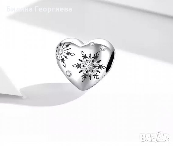 Талисман за гривна Пандора сърце със снежинки Snowflake Love сребро s925 модел 005, снимка 7 - Гривни - 34479086