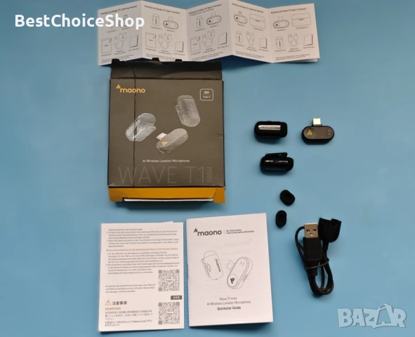 Maono Wave T1 безжичен лавалиер микрофон USB-C, 48kHz шумопотискащ, снимка 3 - Селфи стикове, аксесоари - 54117729