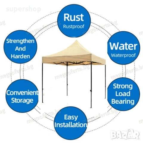 Сгъваема Шатра 3х3 с Три Страници в Кремав Цвят и Усилена Конструкция, снимка 6 - Градински мебели, декорация  - 54000698
