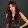 🖤❤️ Екстравагантна черна перука с червени кичури - чуплива, 60 см, дълъг бретон, снимка 1