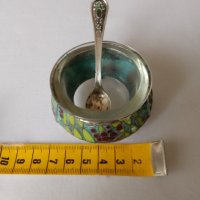 Винтидж руска мелхиорна с  емайлирана за сол   с лъжица, снимка 2 - Антикварни и старинни предмети - 42087417