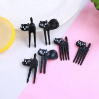 6 бр черна котка котки забавни клечки топери за забождане на хапки мъфини плодове вилички парти, снимка 1 - Аксесоари за кухня - 35419133