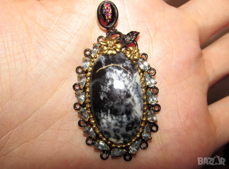 925 сребърно колие с дендритен опал мерлинит 3.5х2см, снимка 1