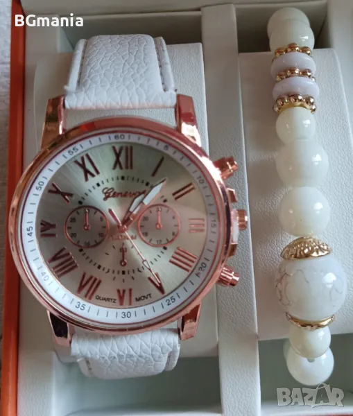 Уникален дамски комплект часовник с гривна в бяло и изящно бижу, снимка 1