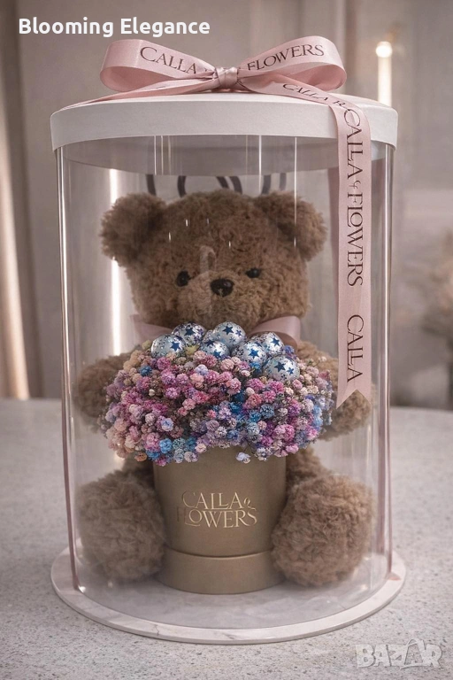 Плюшено мече с цветя по ваш избор в луксозна кутия, снимка 1