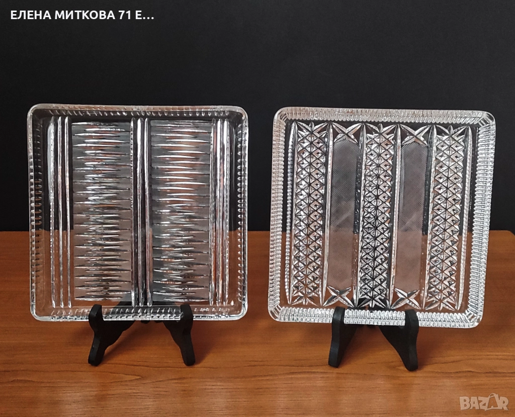 Две квадратни кристални плата ръчна гравюра отлични, снимка 1
