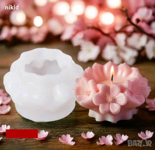 3d вишнев цвят цветя цветчета силиконов молд форма за свещ свещник смола гипс декор, снимка 1