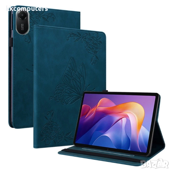 Xiaomi Redmi Pad 2 -Кожен калъф с Протектор, Дизайн Пеперуда/ Цвете, Стойка и Държач за писалка (Зел, снимка 1