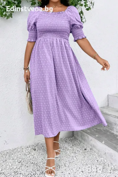 Дамска лилава рокля с фин принт на точки, ластична горна част и буфан ръкави, макси размери, снимка 1