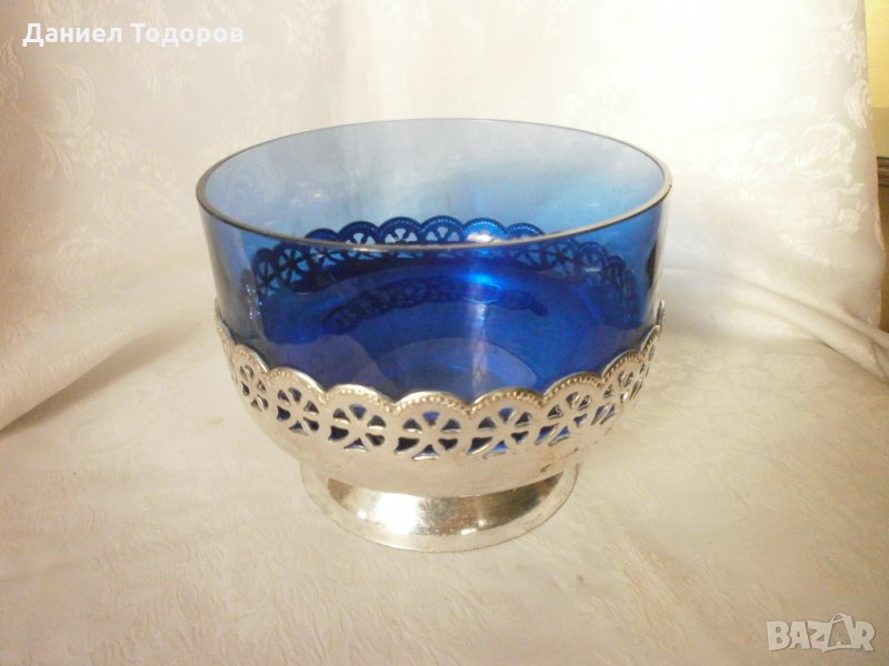  Стара Руска Посребрена Фруктиера, с Кобалтово Синьо Стъкло, снимка 1