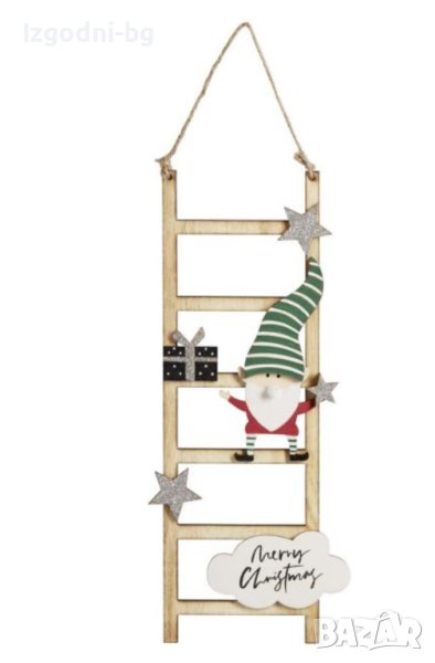 Коледна дървена декорация - коледен гном върху изкачваш висяща стълба, снимка 1
