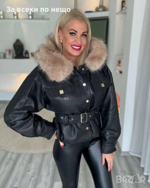 Дамско Черно Кожено Яке С Пух Код VL-156, снимка 1