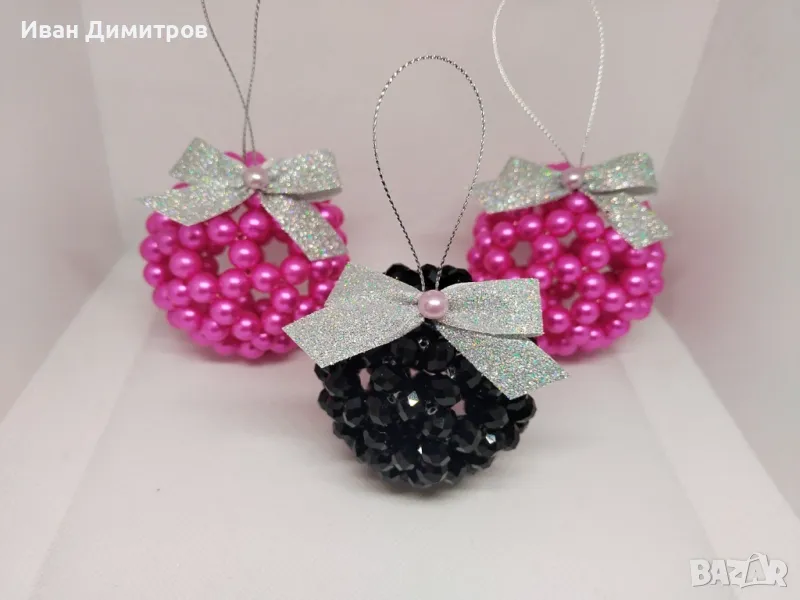 Луксозен ръчно изработен сет Коледни топки за елха от перли и кристали, снимка 1