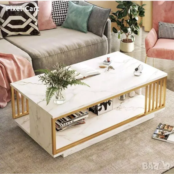 0108 Стилна двуетажна холна маса за кафе с мраморна текстура, снимка 1