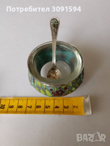 Винтидж руска мелхиорна с  емайлирана за сол   с лъжица, снимка 2 - Антикварни и старинни предмети - 42087417