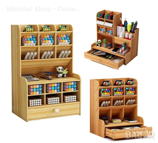 📚 Дървен органайзер за бюро с чекмедже и многосекционно съхранение 📚, снимка 5 - Бюра - 48980301