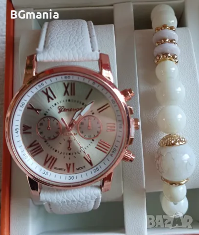 Уникален дамски комплект часовник с гривна в бяло и изящно бижу