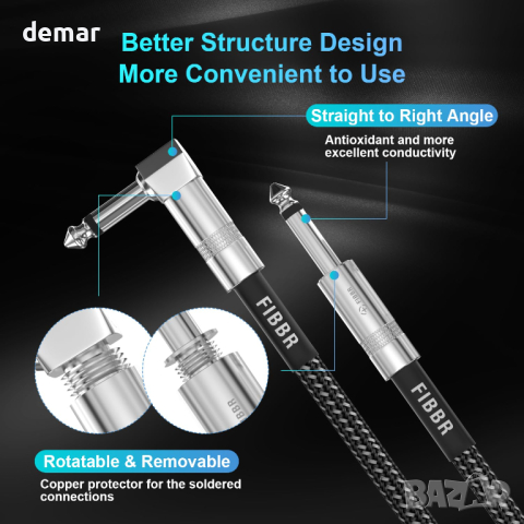 FIBBR кабел за китара 1.8M-2 броя, кабел под прав ъгъл 1/4 инча, снимка 4 - Други - 44532590