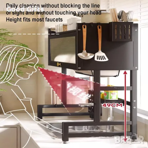 Мултифункционален Отцедник за съдове Над мивка, С врата, С поставка за прибори, 2 нива, Черен, снимка 9 - Други стоки за дома - 50384154