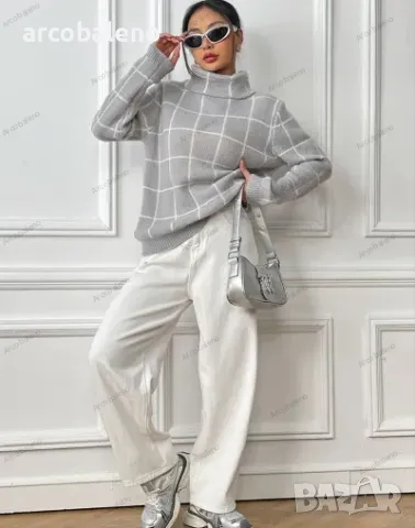 Дамски контрастен кариран пуловер с висока яка, 4цвята , снимка 6 - Блузи с дълъг ръкав и пуловери - 47979369