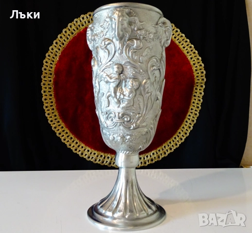 Калаен бокал,чаша за вино,глави на овен,ангели,барок. , снимка 2 - Антикварни и старинни предмети - 51704366