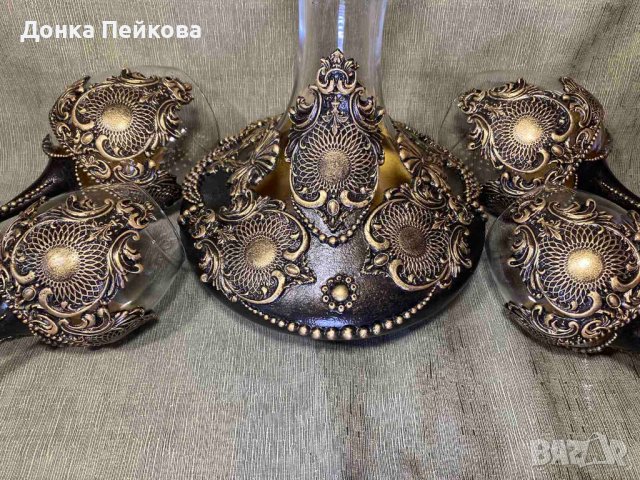 Сет за вино от 5 части - декантер с 4 чаши - ръчна изработка, снимка 3 - Декорация за дома - 39893457