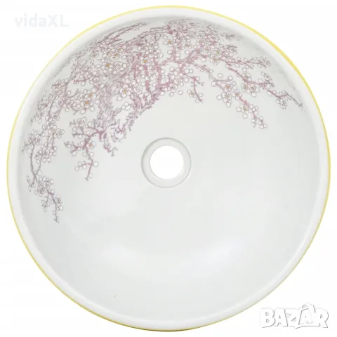 vidaXL Мивка за плот, бяло и жълто, кръгла, Φ41x14 см, керамика, снимка 4 - Мивки - 56146207