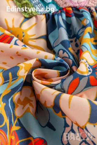 Дамска къса рокля с флорален принт, V-образно деколте и плетени детайли, снимка 10 - Рокли - 53081867