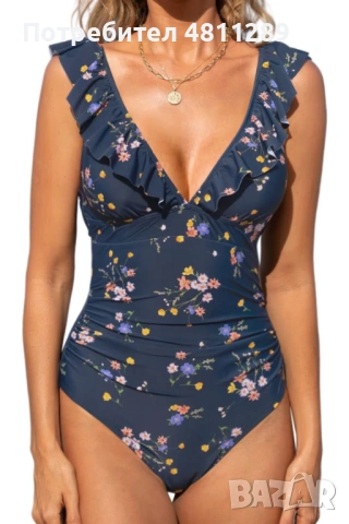 Цял бански костюм CUPSHE за контрол на корема, цвят - син на цветя, размер: XS