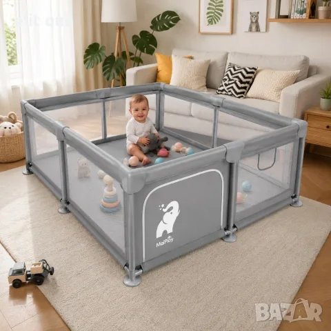 Бебешка кошара за игра и почивка 150x180 см, сива, снимка 7 - Кошарки - 55725310