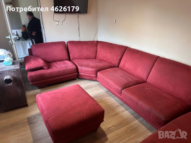 Луксозен ъглов диван бордо + табуретка | Внос Нидерландия, снимка 3 - Дивани и мека мебел - 52964852