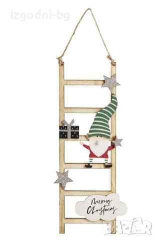 Коледна дървена декорация - коледен гном върху изкачваш висяща стълба, снимка 1