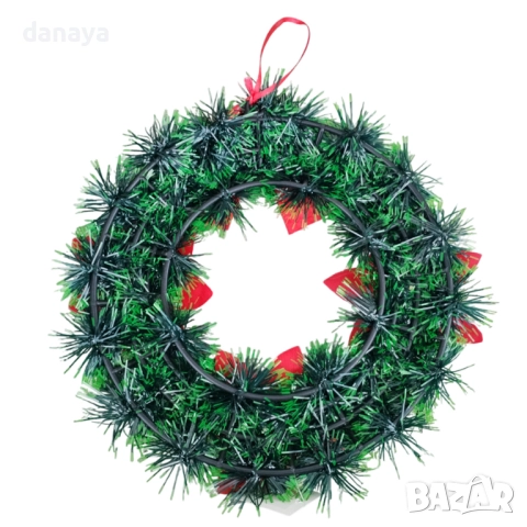 6134 Коледен венец за врата с червени цветя и панделка, 27 см, снимка 4 - Декорация за дома - 51929686