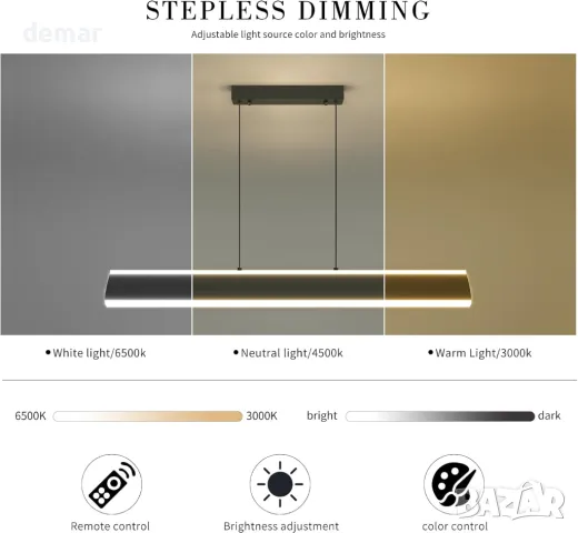 80CM модерен линеен пендел с дистанционно управление, с 1,5m регулируеми кабели, снимка 3 - Лампи за таван - 47450512