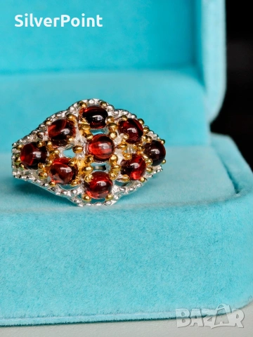 Сребърен пръстен с Гранати кабошони, снимка 3 - Пръстени - 53105100