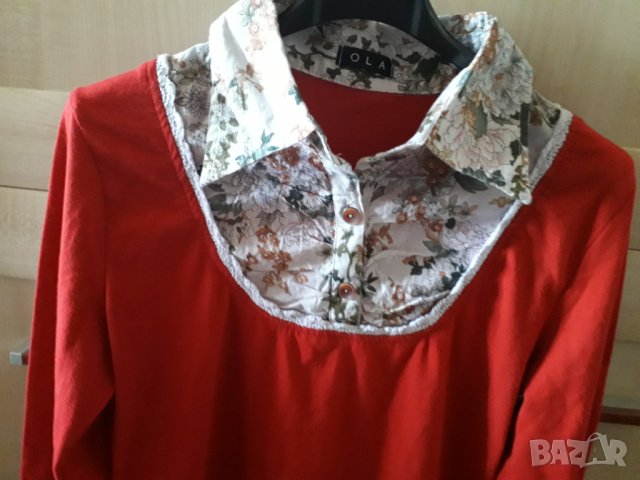 Дамска памучна червена блуза с платка, снимка 2 - Блузи с дълъг ръкав и пуловери - 30105675