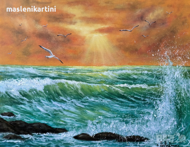 Морски залез над Черно море маслена картина , снимка 2 - Картини - 44656895