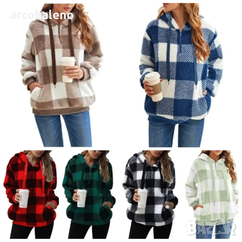 Дамски суичър с дълги ръкави и качулка на каре, 7цвята 