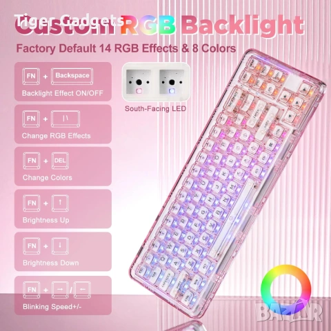 YUNZII X71 безжична механична клавиатура 68% прозрачна RGB BT/2.4G/USB-C розова, снимка 5 - Клавиатури и мишки - 54204138