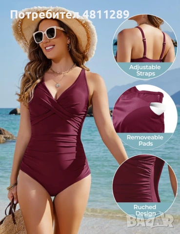 Цял бански костюм с V - образно деколте и подплънки, с пълнеж и контрол на корема, цвят Бордо - разм