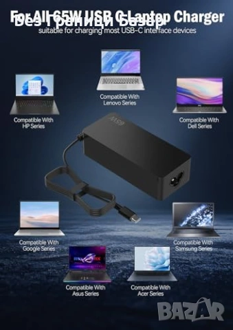 Ново бързо Универсално 65W USB-C зарядно за лаптоп Lenovo HP Dell ASUS, снимка 5 - Друга електроника - 54069536