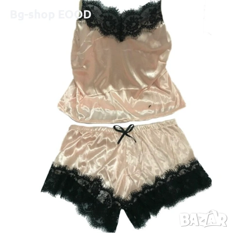 Дамска пижама комплект сатен, топ и къси панталонки, стилна, снимка 4 - Корсети, бюстиета, топове - 53942233