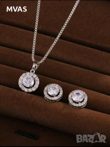 Нов дамски комплект блестящо колие и обеци цирконий