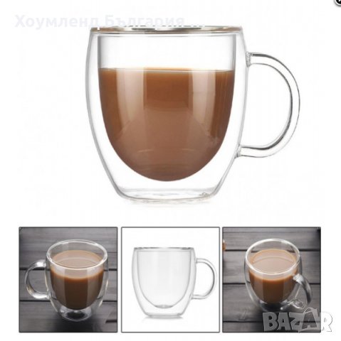 Тънкостенни чаши за кафе с двойно дъно и термо стъкло комплект 2 бр. с дръжка, снимка 1
